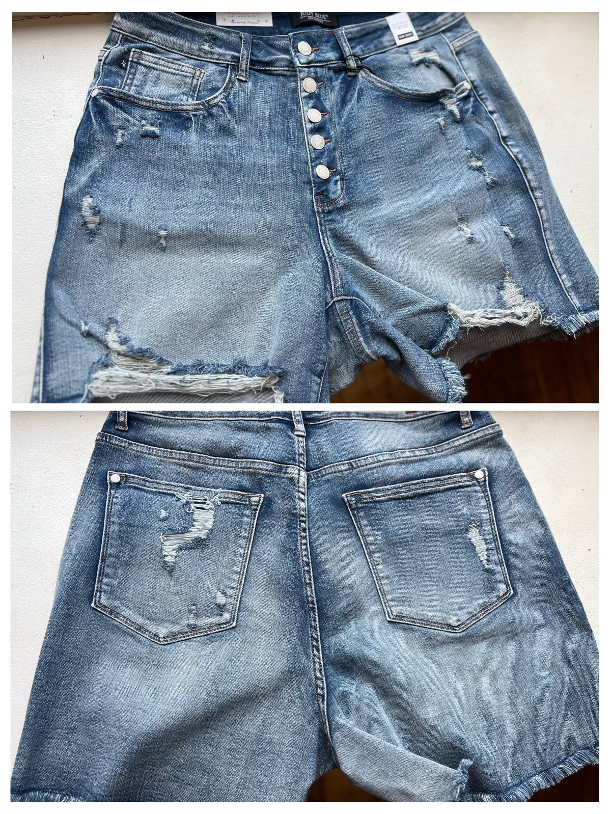 Judy Blue Plus | High Waist Distressed Medium Wash Button-fly Shorts