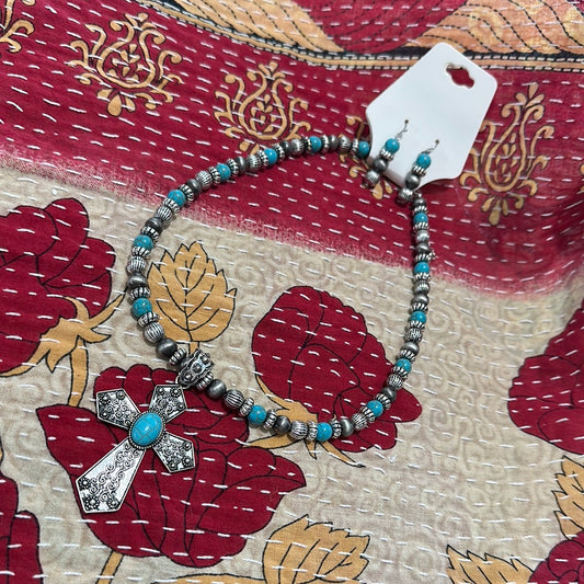Turquoise Beaded Cross Necklace/Earrings Set