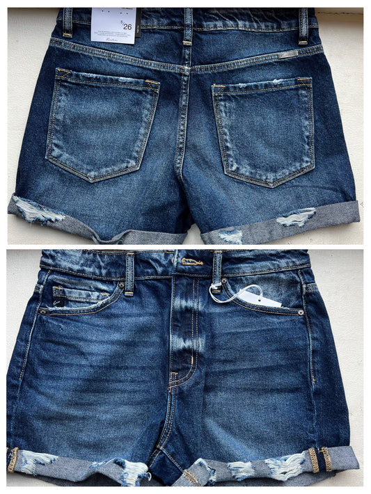 KanCan | High Rise Roll Up Distressed Dark Wash Shorts