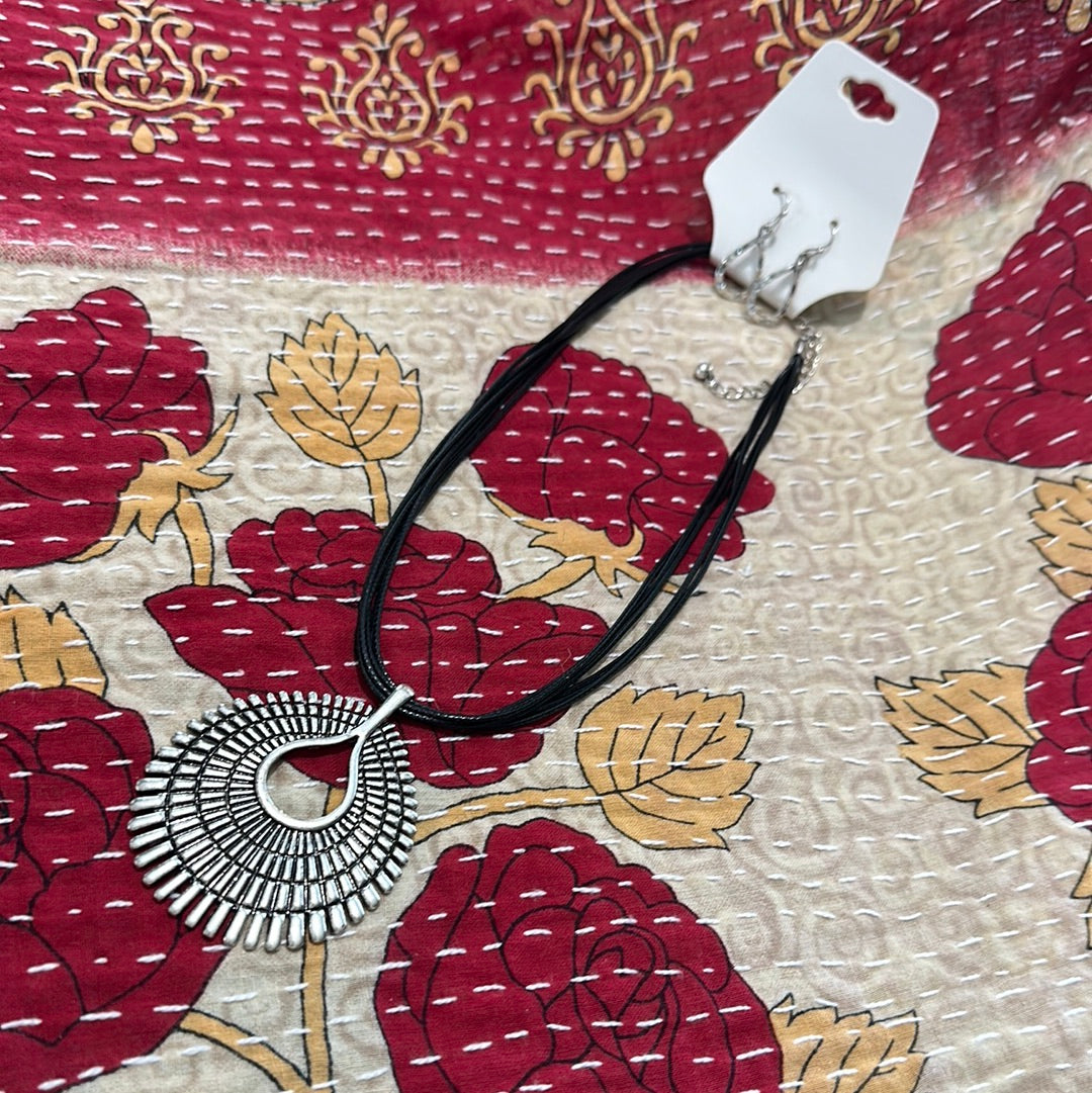 Leather Strand Pendulum Necklace/Earrings Set