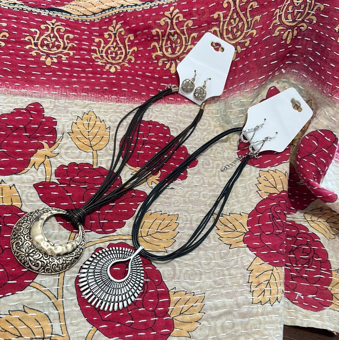 Leather Strand Pendulum Necklace/Earrings Set