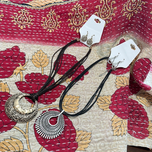 Leather Strand Pendulum Necklace/Earrings Set