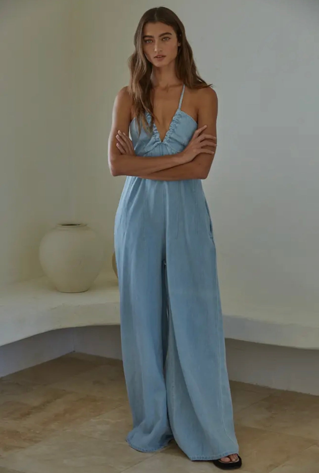 Melania Plunged V-Neck Denim Wide Leg Jumpsuit