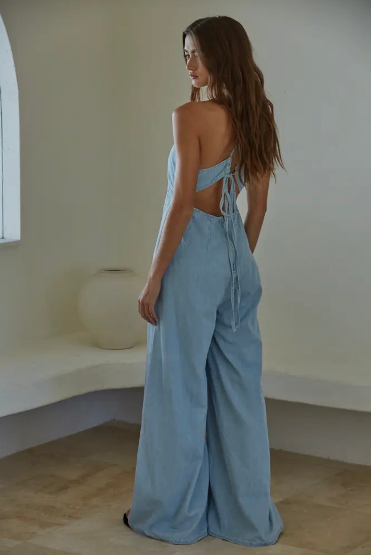 Melania Plunged V-Neck Denim Wide Leg Jumpsuit