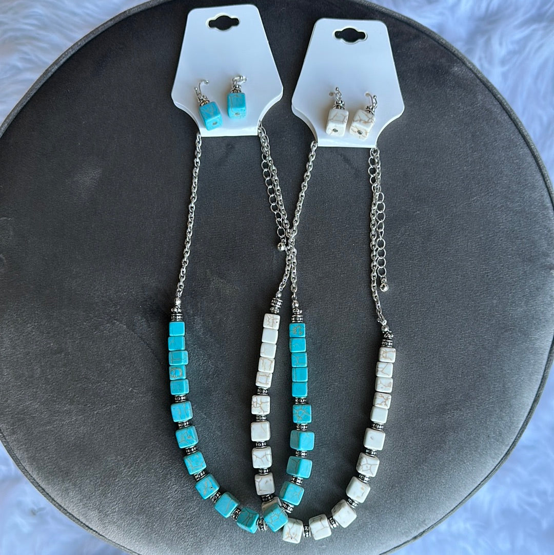 Stone Square Necklace/Earrings Set