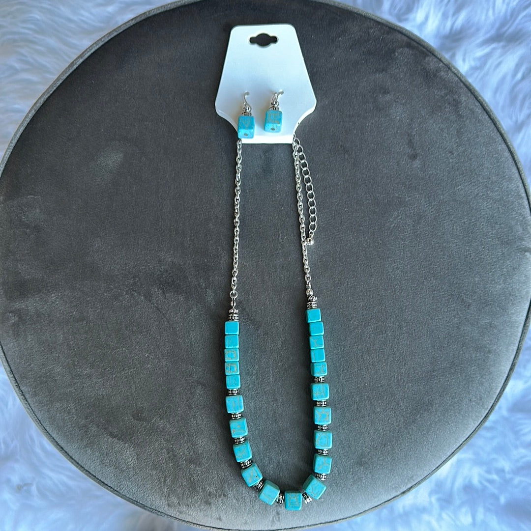 Stone Square Necklace/Earrings Set